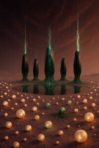 Mehrere große, dunkle Kristallspitzen ragen aus einem stillen, runden Wasserbecken. Aus den Spitzen steigen grün leuchtende Energiefäden in den Himmel. Die Umgebung ist von zahlreichen kugelförmigen Objekten übersät. Der Himmel wirkt schwer und rötlich, wodurch die Szene fremdartig erscheint.