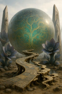 Vor einer gewaltigen, türkis schimmernden Sphäre mit goldenen Linien windet sich ein uralter, mit Symbolen besetzter Steg durch die Landschaft. Riesige, dunkle Blüten flankieren die Kugel wie stille Hüter. Nebel und monolithische Formen verstärken die geheimnisvolle Wirkung. Das Bild wirkt wie ein Tor zu einer vergessenen Welt voller Wissen und Kräfte.