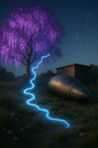 Ein großer Baum mit violett leuchtenden Ästen steht in einer nächtlichen Landschaft. Ein hellblauer, fließender Lichtstrom zieht sich vom Baum über eine Wiese. Daneben liegt ein mysteriöses, längliches Metallobjekt im Gras. Die Szene wirkt ruhig und magisch, während Sternspuren den Himmel durchschneiden.