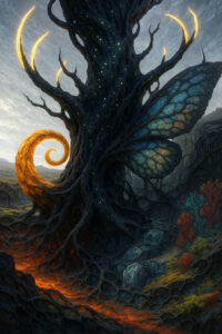 Ein dunkler, knorriger Baum mit blauen Flügelstrukturen wächst aus einer felsigen Landschaft empor. Aus seinem Inneren zieht sich eine orange glühende Spirale über den Boden. Die Krone leuchtet mit kleinen grünen Lichtpunkten wie ein Sternenhimmel. Zwischen den Felsen stehen bunte, fast korallenähnliche Pflanzen. Die Komposition wirkt wie ein uraltes Wesen, das aus kosmischer Energie hervorgeht.