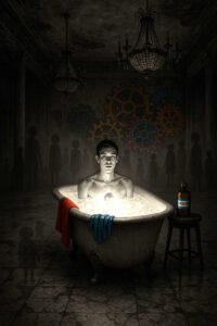 Ein junger Mann sitzt in einer altmodischen Badewanne, deren Wasser hell strahlt. Hinter ihm drehen sich farbige, gigantische Zahnräder an einer dunklen Wand, während silhouetteske Gestalten im Schatten stehen. Die Halle wirkt verlassen und zugleich voller unsichtbarer Beobachter. Neben der Wanne steht eine Flasche mit rätselhaftem Inhalt, als Teil eines unverständlichen Rituals.