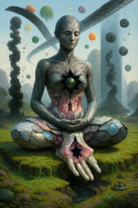 Ein steinartig wirkendes Wesen sitzt in tiefer Meditation, sein Körper aus polygonalen Platten und rissigen Strukturen zusammengesetzt. Im Brustzentrum ruht eine leuchtende Erdkugel, die von einer sternförmigen Öffnung umgeben ist. Hinter der Figur schweben farbige Sphären und kosmische Fragmente. Die Landschaft ist grün, von Adern durchzogen und wirkt wie eine Mischung aus Tal, Labyrinth und kosmischer Bühne.