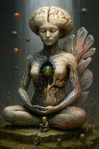 Eine sitzende, statuenhafte Gestalt mit rissigem, steinernem Körper trägt kristalline Flügel und ein leuchtendes Kugelherz. In ihrer Hirnschale sind fremdartige Schriftzeichen eingraviert. Vor ihr spielen zwei kleine Figuren mit einem Wasserstrahl in einer steinernen Umgebung. Schwebende Kugeln umgeben die meditierende Form. Die gesamte Szene wirkt wie ein kosmisches Ritual in einem vergessenen Tempel.
