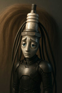 Eine humanoide Figur mit metallischem Körper und großen, traurigen Augen trägt einen Zündkerzenkopf, aus dem Kabel herabhängen. Die Rüstung wirkt funktional und schwer, während der Ausdruck fast kindlich verzweifelt erscheint. Die Beleuchtung betont die matten Metalltöne. Das Bild vereint Maschinenästhetik mit unerwarteter Verletzlichkeit.