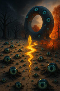 Eine goldglühende Gestalt wandelt auf einem hellen, serpentinenartigen Lichtweg durch eine Landschaft voller lebender Augen. Ein gewaltiger steinerner Ring mit offenen Blicken erhebt sich vor ihr. Die Umgebung wirkt düster und doch von innerem Feuer erleuchtet. Das Bild evoziert eine Reise durch Bewusstsein, Wahrnehmung und die Macht innerer Transformation.