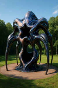 Eine mehrbeinige, skulpturartige Struktur aus dunklem, organisch gewundenem Metall steht auf einer Waldlichtung. Der Kern bildet eine sternförmige Öffnung, die wie ein Durchgang wirkt. Die Oberfläche schimmert mit bläulichen, fast elektrischen Linien. Das Tageslicht des ruhigen Waldes kontrastiert mit der fremdartigen Präsenz des Gebildes.