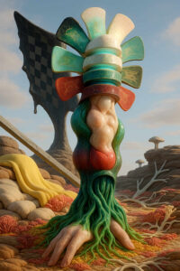 Ein organisch geformtes Gebilde erhebt sich wie ein Hybrid aus Pflanze, Skulptur und Körper. Bunte, fächerartige Elemente krönen die Konstruktion, während der untere Teil wie eine Hand im Boden wurzelt. Umgeben von weichem Terrain und korallenartigen Formen erinnert die Struktur an einen lebendigen Totem. Schattige Felsformationen stehen im Hintergrund. Das Ganze wirkt wie ein embryonaler Kultgegenstand.