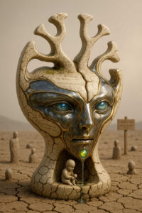 Eine skulpturhafte Kopfgestalt aus rissigem Stein erhebt sich in einer ausgetrockneten Ebene. Aus ihrem smaragdgrün leuchtenden Mund tropft Wasser, das von einer kleinen kindlichen Figur aufgefangen wird. Die Augen aus blauem Kristall blicken ruhig und zugleich uralt. Im Hintergrund stehen weitere steinerne Gestalten wie stumme Zeugen. Die Szene wirkt wie ein mythischer Schrein des letzten Wassers.