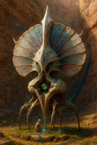 Ein gigantisches, fächerförmiges Wesen mit kristallinen Strukturen dominiert eine weite Felslandschaft. In seinem Zentrum ruht eine grün schimmernde Weltkugel, gehalten von Wurzeladern. Ein Kind kniet davor und schöpft aus einer kleinen Quelle, die direkt aus dem Boden des Wesens rinnt. Geheimnisvolle Symbole schweben durch die Luft, als wäre dies ein Ort, an dem Wissen und Natur eins werden.