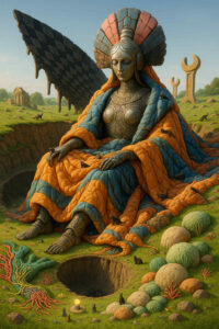 Eine imposante steinerne Königin sitzt in einem orange-blauen Mantel, der sich wie gefaltete Landschaftsschichten über den Boden legt. Hinter ihr steht eine halb zerbrochene Struktur mit dunklem Schachmuster. Kleine Tiere tummeln sich im Gras und an den Höhlenöffnungen. Im Vordergrund wachsen farbige Wurzeln und Mooskugeln wie aus einer fremden Botanik. Das Bild strahlt stille Autorität und zeitlose Ruhe aus.