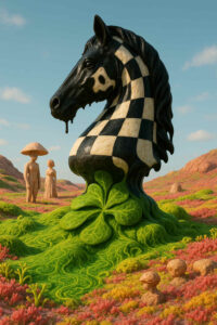 Ein gigantischer Pferdekopf im Schachbrettmuster wächst wie eine Skulptur aus einem grünen, kleeartigen Hügel. Umgeben ist er von pinken und gelben Pflanzen, die wie Korallen anmuten. Zwei steinerne Figuren mit pilzförmigen Köpfen stehen im Hintergrund und betrachten die Szenerie. Die Mischung aus botanischen Formen und surrealem Spielmotiv erzeugt eine heitere, traumhafte Stimmung.