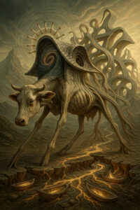 Eine surreal verzerrte Kuh trägt eine spiralförmige Schneckenhausstruktur auf dem Rücken. Hinter ihr wachsen komplex verschlungene Gebilde, die wie organische Flügel wirken. Der Boden ist trocken und rissig, durchzogen von leuchtenden, goldenen Linien. Mehrere kleine Boote voller Licht stehen entlang des Weges.