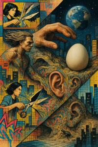 Eine Collage aus Panels zeigt eine Frau mit einer übergroßen Schere, die durch Stoffe und Strukturen schneidet, während ein muskulöser Mann über eine zerfallende Landschaft wacht. Ein riesiges Ohr liegt eingebettet in farbige Gittermuster, überragt von einer Hand, die ein Ei berührt. Am Himmel schwebt die Erde über einer künstlichen Stadtlandschaft. Die Komposition verbindet symbolische Fragmente zu einem surrealen visuellen Rätsel.