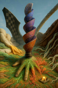 Eine riesige Hand liegt auf einem farbigen, wurzelähnlichen Terrain, aus dem eine spiralförmig aufsteigende Struktur wächst. Die Segmente dieser Spirale sind reich verziert und führen farblich von kühlen bis warmen Tönen. In der Nähe sind kleine Gestalten um eine Flamme versammelt. Der Hintergrund zeigt organisch verschlungene Hügel und schachbrettartige Formen. Alles wirkt wie ein Monument der Bewegung.