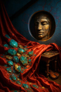 Ein großes, steinernes Gesicht ruht in einer runden Wandöffnung, als würde es aus einem uralten Tempel wachen. Vor ihm breitet sich ein roter, schwerer Stoff aus, über den unzählige blau- und goldene Kristalle herabrollen. Eine kleine Tischkonsole mit Werkzeugen und eine liegende Geige komplettieren das stille Arrangement. Die Szene wirkt wie ein eingefrorener Moment eines geheimen Rituals.