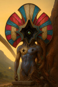 Ein mächtiges, pflanzenähnliches Wesen mit farbigen Blattplatten erhebt sich vor einer goldenen Abendlandschaft. In seiner Mitte öffnet sich ein sternförmiger Hohlraum mit einem glühenden Auge. Die Rindenhaut des Körpers wirkt wie verschlungene Adern aus Licht und Holz. Hinter dem Wesen wölbt sich ein gewaltiger dunkler Bau, der die Szenerie noch rätselhafter macht.