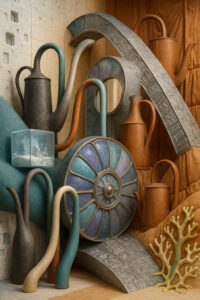 Eine Sammlung seltsam geschwungener Kannen und Gefäße bildet eine surreal wirkende architektonische Komposition. Ein großes Rad aus Glas und Metall dient als zentrales Element. Die Szene erinnert an eine abstrakte Werkstatt oder ein stillgelegtes Atelier. Zwischen organischen und geometrischen Strukturen entsteht ein Gefühl ruhiger Fremdartigkeit.