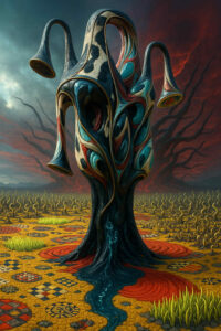 Eine bizarre Skulptur ragt in einer gelb-roten Landschaft empor, deren Boden mit geometrischen Mustern bedeckt ist. Die organisch wirkende Form trägt hornartige Auswüchse und fließt wie geschmolzenes Material nach unten. Im Hintergrund breiten sich verdrehte Pflanzen und ein dramatisch glühender Himmel aus. Alles erinnert an ein Wesen, das im Moment des Erwachens verharrt.