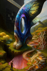 Ein riesiges, glasartig leuchtendes Gebilde in Form eines organischen Tores erhebt sich über einer moosbewachsenen Schlucht. Ein schmaler Steg windet sich durch die Landschaft und führt zu kleinen, in den Fels eingelassenen Kammern. Eine Person steht am Rand eines rosafarbenen Beckens und berührt das Wasser. Die Szene wirkt wie eine Mischung aus Tempelanlage und fremdem Biotop.