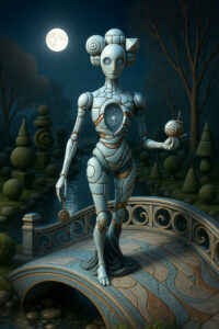 Eine robotisch wirkende Gestalt überquert eine verzierte Steinbrücke unter hellem Mondlicht. Ihr Körper besteht aus geschwungenen, segmentierten Platten, in deren Brust ein kleines Universum funkelt. In einer Hand hält sie ein spiralförmiges Objekt, in der anderen ein kreisförmiges Gerät. Die Umgebung ist ein parkartiger Garten mit geschnittenen Bäumen. Das Bild wirkt wie eine nächtliche Prozession eines mechanischen Wesens.