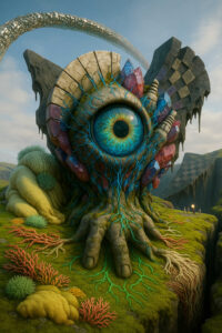 Ein gigantisches Auge, eingewachsen in eine Struktur aus Wurzeln, Steinplatten und kantigen Kristallen, dominiert die Szenerie. Von ihm ziehen sich leuchtende, bläuliche Adern über die Landschaft. Fremdartige Pflanzen und Korallen-artige Gebilde säumen den Boden. Drei winzige Figuren im Hintergrund lassen die Größe des Wesens eindrucksvoll erscheinen.