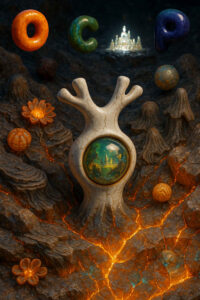 In einer felsigen Landschaft ragt eine helle, korallenartige Struktur empor, in deren Zentrum eine schimmernde Kugel mit dem Bild einer leuchtenden Stadt eingeschlossen ist. Um sie herum schweben bunte, glänzende Formen und organische Objekte. Unter der Erde glühen orangefarbene Risse wie flüssige Lava. Die Szene wirkt wie ein Tor zu einer unterirdischen, mystischen Welt.