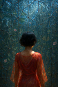 Eine Frau von hinten in einem durchscheinenden roten Kleid steht mit dem Gesicht zu einer kunstvollen Glaswand. Die Glasfläche zeigt pflanzliche Ornamente und geflügelte Wesen, als ob sie Geschichten bewahrt, die nur stumm erzählt werden. Das Licht fällt weich auf ihre Schultern und hebt ihre Silhouette hervor. Die Atmosphäre ist still, intim und voller geheimnisvoller Tiefe.