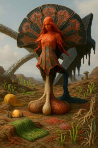 Eine orangene, pflanzenähnliche Frauengestalt mit pelzartigen Beinstrukturen steht in einer bizarren Steppe. Hinter ihr wölbt sich ein großer Fächer aus ornamentierten Platten, die wie verziertes Gestein wirken. Die Erde ist von weichen, wurzelartigen Formen und kleinen, leuchtenden Pflanzen durchzogen. Eine Gruppe kleiner Figuren kniet vor einer goldenen Kugel im Vordergrund.