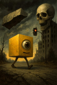 Ein gelber, einäugiger Würfel läuft durch eine zerfallene, apokalyptische Landschaft. Über ihm schwebt ein massiver Steinblock, und im Hintergrund ragt ein riesiger Totenschädel hinter einer Ruine auf. Der Himmel ist dunkel und bedrohlich, nur ein schwacher Lichtschein liegt am Horizont. Eine rote Ampel steht mitten in der Szene, als wolle sie den surrealen Marsch aufhalten.