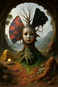 Eine baumartige Gestalt mit einem kindlichen, maskenhaften Gesicht erhebt sich aus dem Boden eines märchenhaften Tals. Ihre Krone besteht aus kahlen Ästen, flankiert von zwei farbigen, flügelartigen Strukturen. Vor ihr breiten sich moosige Hände über den bunt bewachsenen Boden aus. Im Vordergrund knien winzige Gestalten um eine leuchtende Kugel. Die Szenerie wirkt wie eine Begegnung zwischen Naturgeist und uralter Ritualkultur.