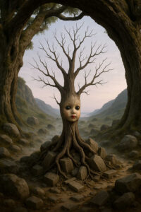 Ein kleiner Baum mit einem kindlichen, puppenartigen Gesicht wächst aus einem Steinhaufen in einem weiten Tal. Seine kahlen Äste breiten sich wie suchende Arme aus. Die Felsen und alten Bäume um ihn herum erzeugen eine melancholische Ruhe. Das Licht ist weich und sanft, als würde die Natur selbst über dieses seltsame Wesen wachen.