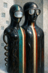 Zwei humanoide Figuren stehen nebeneinander, ihre Körper glatt und dunkel wie polierte Skulpturen. Farbige Streifen laufen über ihre Oberflächen und enden in futuristisch wirkenden Brillen, die ihre Augen verbergen. Einer der Körper besitzt eine spiralförmige Ausstülpung, die wie ein Ornament wirkt. Die Szene erinnert an eine Mischung aus Retro-Design und außerirdischer Ästhetik.