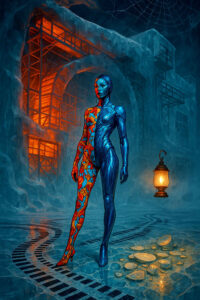Eine humanoide Figur schreitet durch eine frostige, höhlenartige Architektur, deren Inneres orangeglühend brennt. Ihr Körper ist exakt in zwei Hälften geteilt: eine Seite blau-metallisch, die andere bunt bemalt wie eine lebendige Mosaikhaut. Neben ihr schwebt eine Laterne, die warmen Schein auf den vereisten Boden wirft. Im Hintergrund winden sich Stahlgerüste im Nebel. Die Szene vermittelt eine Mischung aus Kälte, Kunst und Transformation.