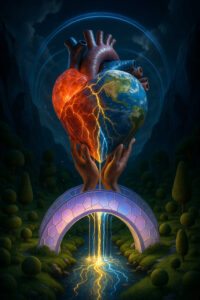 Alttext: Eine riesige Kombination aus menschlichem Herz und Erdkugel wird von zwei Händen über einer leuchtenden Brücke gehalten. Elektrische Risse ziehen sich über die Oberfläche, halb in Feuerrot, halb in Ozeanblau. Unter der Brücke fließt ein Fluss, der von goldenen Energieadern durchzogen ist. Die Landschaft ist mondbeschienen und von weichen Baumformen umgeben. Die Szene vermittelt den Eindruck eines planetaren Herzschlags.