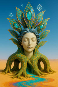 Ein ruhiges, weibliches Gesicht erhebt sich aus einem wurzelartigen Körper, der im Sand verankert ist. Über dem Kopf entfalten sich blattförmige Ornamente mit leuchtenden, türkisfarbenen Einsätzen. Ein schmaler Wasserlauf fließt aus dem Inneren der Figur nach vorn. Der Himmel ist klar und weit. Die Szene wirkt wie eine Verkörperung von Natur und Bewusstsein.