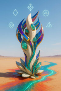 Eine skulpturale, abstrakte Form erhebt sich aus einer sandigen Landschaft und ist mit leuchtenden, türkisfarbenen Kristallelementen durchzogen. Goldene Linien und organische Kurven verleihen dem Objekt eine fast sakrale Anmutung. Ein schmaler, farbiger Wasserlauf führt auf die Skulptur zu. Über ihr schweben geometrische Symbole am klaren Himmel. Die Szene verbindet Wüste, Kunstobjekt und spirituelle Symbolik.