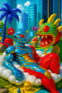 Zwei glänzende, cartoonhafte Wesen liegen entspannt auf einer wolkenartigen Oberfläche in einer bunten Stadtlandschaft. Ihre Körper sind stark stilisiert und in leuchtenden Farben gehalten. Eines der Wesen erinnert an ein freundliches Monster mit offenem Maul. Die Szene vermittelt Leichtigkeit, Verspieltheit und eine fast kindliche Harmonie.