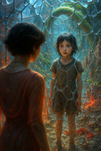 Ein junge Frau blickt durch eine rissige, glasartige Membran auf ein junges Mädchen. Die Umgebung wirkt wie ein fremder, feuchter Wald mit glühenden Partikeln in der Luft. Die Mimik des Kindes ist ernst und fragend. Das Glas verzerrt leicht die Wahrnehmung und erzeugt eine unheimliche Distanz. Die Szene thematisiert Identität, Spiegelung und Trennung.