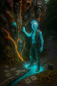 Ein blau leuchtender Punk mit Irokesenschnitt berührt einen gewaltigen Felsen, in dessen Oberfläche Gesichter, Hände und ein großes Auge eingraviert sind. Orangeglühende Risse durchziehen das Gestein wie flüssige Energieadern. Der Boden ist aufgebrochen, und ein blauer Lichtstrom entspringt unter seinen Füßen. Im Hintergrund liegt ein stiller Parkweg unter dunklem Himmel.