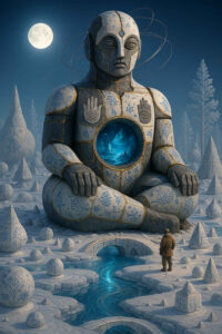 Ein massiver Keramik-Riese mit blauen floralen Mustern sitzt in einer gefrorenen, geometrischen Landschaft. In seinem Bauch leuchtet eine Eiswelt in tiefem Blau. Ein einzelner Mensch in Winterkleidung steht ehrfürchtig vor ihm. Der Vollmond taucht die Umgebung in ein sanftes, magisches Licht, das die Stille beinahe hörbar macht.