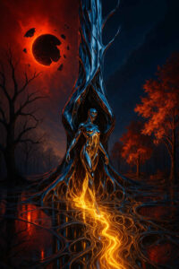 Eine leuchtende humanoide Figur tritt aus einer baumartigen Struktur aus flüssigem Blau und Gold hervor. Ein glühender Energiepfad zieht sich vom Körper über den dunklen, spiegelnden Boden. Am Himmel hängt ein zerbrochener, roter Planet über einer nächtlichen Waldlandschaft. Die Farben kontrastieren stark zwischen Feuer und Dunkelheit. Das Bild vermittelt eine Szene von kosmischer Wiedergeburt und existenzieller Spannung.