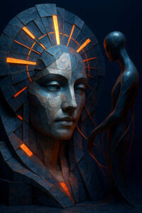 Eine monumentale, steinerne weibliche Maske mit leuchtenden, rissartigen Linien füllt den Bildraum. Warme orangefarbene Lichtadern durchziehen das kalte Material. Neben dem Gesicht schwebt eine schlanke, abstrahierte humanoide Figur. Das Bild wirkt meditativ und archaisch, wie eine Gottheit aus einer vergessenen Zeit.