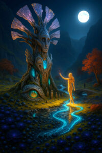 Eine goldglühende Frauenfigur steht vor einem uralten Baumwesen, dessen Rinde zu Gesichtern, Augen und Symbolen geformt ist. Aus seinem Inneren leuchtet ein türkisfarbenes Licht, das den nächtlichen Fluss durchzieht. Die Landschaft um sie herum wirkt mystisch, mit violetten Blumen und tiefen Schatten. Im Hintergrund wandert eine weitere Gestalt über eine kleine Brücke.