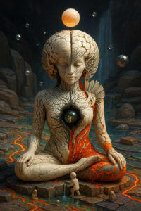Eine fremdartige, humanoide Figur sitzt meditierend auf einem Felsen, ihr Körper wie rissiger Stein mit leuchtenden Adern aus glühender Lava. In ihrer Brust ruht eine dunkle Öffnung, in der ein sphärisches Licht schwebt. Um sie herum stehen kleine Figuren, die wie Kinder wirken und mit dem fließenden Wasser interagieren. Im Hintergrund fällt ein Wasserfall über eine Felswand, während schwebende Kugeln die Stille durchbrechen. Die Szene wirkt wie ein uraltes Ritual der Schöpfung.