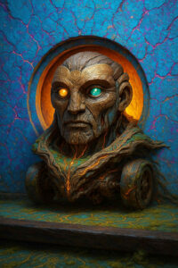 Ein hybrides stein-metallenes Wesen lugt aus einer runden Öffnung hervor und trägt ein Gesicht voller Muster und Gravuren. Seine Augen leuchten zweifarbig – warmes Gold und kühles Türkis – wie gegensätzliche Wahrheiten. Verwurzeltes Material mit glühenden Rissen umhüllt seinen Oberkörper und verbindet ihn organisch mit seinem Podest. Die blaue, aufbrechende Wand hinter ihm verstärkt den Eindruck eines uralten, mystischen Orakels.