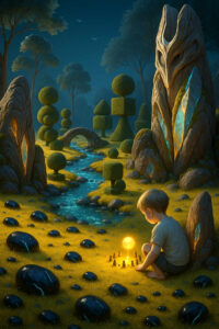 Ein kleiner Junge sitzt im weichen, goldgrünen Gras einer mystischen Landschaft und betrachtet eine leuchtende Kugel, die von winzigen Figuren umringt ist. Schwarze, glatt glänzende Steine liegen verstreut wie meteorische Samen. Kristalline Felsformationen und geometrisch geformte Bäume rahmen einen klaren Bach ein, der durch die Szenerie fließt. Die warme Lichtquelle verleiht der Szene etwas Heiliges und Geheimnisvolles. Alles wirkt wie ein Traumort zwischen Fantasie und Erinnerung.