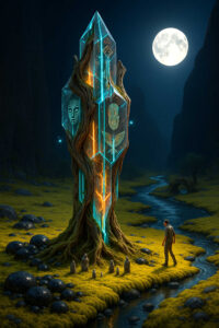 Ein hoher Kristallmonolith steht in einem dunklen Tal unter einem strahlenden Vollmond. Der Kristall ist von wurzelartigen Holzstrukturen umschlungen und zeigt leuchtende Symbole und Masken. Ein Mensch nähert sich der Struktur, während kleine steinerne Figuren am Fuß des Monolithen stehen. Ein ruhiger Fluss zieht sich durch das Tal, das von Moos und Felsen bedeckt ist. Die Szene wirkt wie eine Begegnung mit einem heiligen, uralten Artefakt.