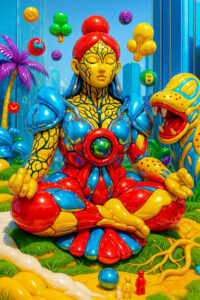 Eine farbintensive, sitzende weibliche Figur meditiert in einer futuristischen Stadtlandschaft. Der Körper besteht aus glänzenden, plastischen Formen in kräftigen Primärfarben. Um sie herum schweben spielzeugartige Objekte und fantastische Pflanzen. Die Szene wirkt humorvoll, übersteigert und zugleich überraschend ruhig.