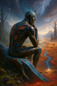 Ein steinartiger Riese sitzt nachdenklich am Rand einer zerklüfteten Landschaft, durchzogen von einem hellen, blauen Energiebach. In seine Haut sind Muster von Händen und Flügeln eingraviert, als Zeichen einer vergessenen Kultur. Blitze zucken über seinem Kopf, als ob Gedanken in ihm einschlagen. Die Wüste hinter ihm glüht in warmen Orange- und Rottönen.