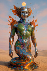Eine glänzende, Frauengestalt aus Metall und organischen Strukturen erhebt sich aus einer sandigen Wüstenlandschaft. Farbige Adern durchziehen ihren Körper, während kugelförmige Objekte um sie schweben. Die Oberfläche wirkt zugleich flüssig und fest, als wäre sie im Wandel begriffen. Der Himmel ist weit und offen, was der Szene eine kosmische Ruhe verleiht.